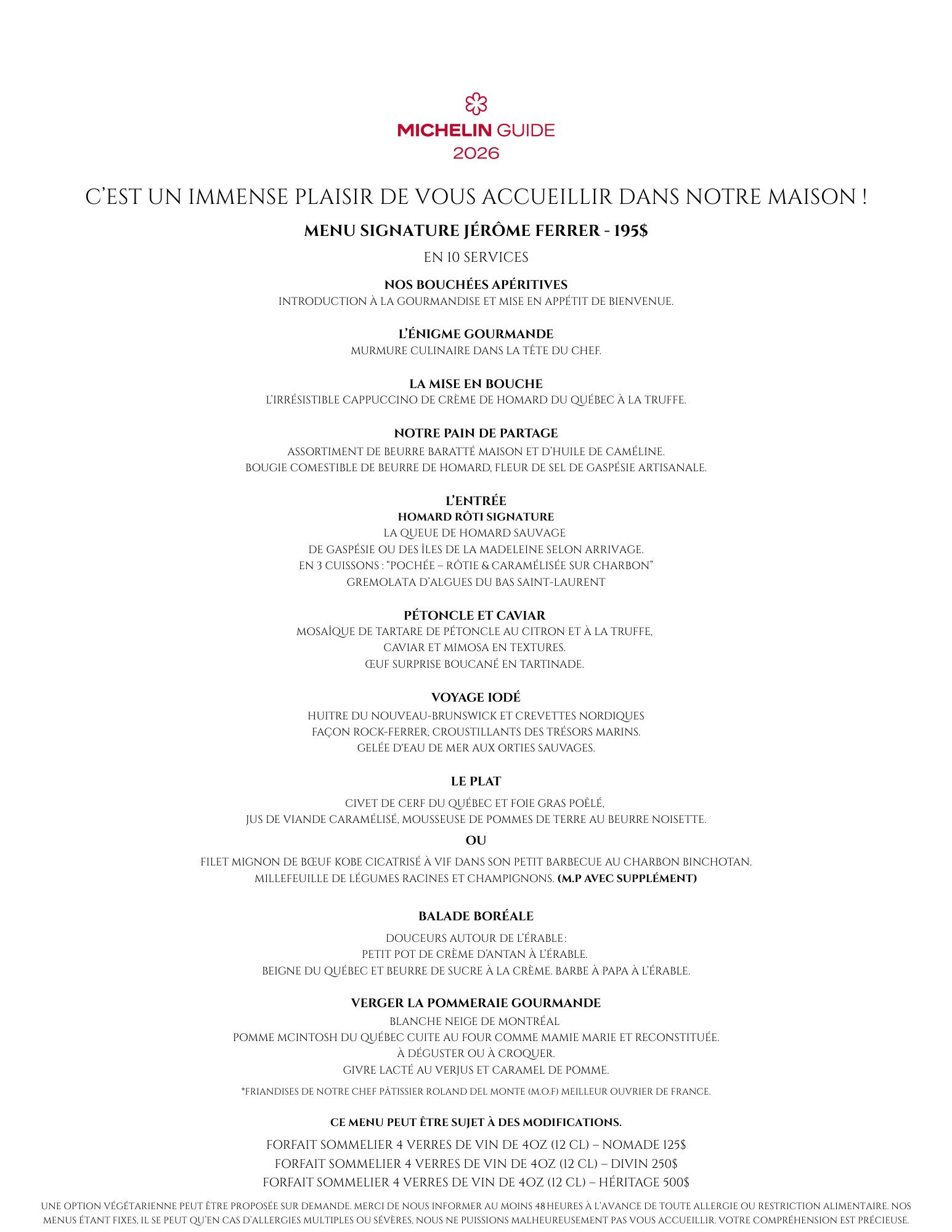 Menu La Grande Table Gastronomique