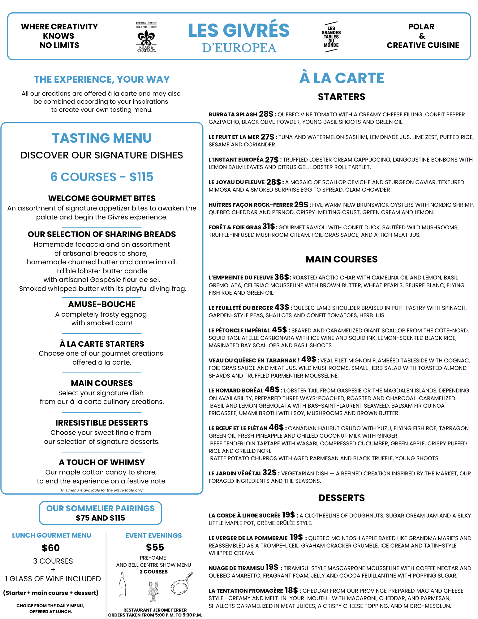 Les Givrés d'Europea menu — tasting menu and à la carte at Restaurant Jérôme Ferrer